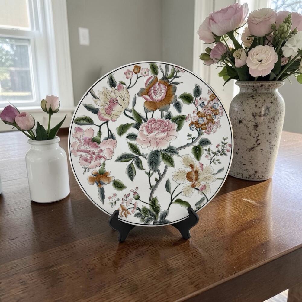 Jingdezhen Chinese Porcelain Charger Plate 12 Inch Pink Roses 1960s Gilt Edge